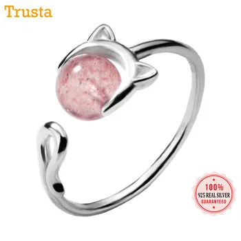 Trustdavis srebra próby 925 moda kot truskawka różowy Kryształ Otwarcie palec pierścień dla kobiet poprawiny Świąteczny prezent DS977