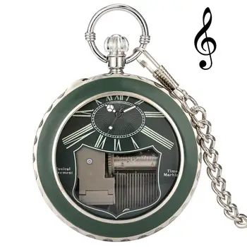 Twórczy Srebrny Obudowa Uchwyt Gra Muzykę Zegarek Kieszonkowy Osobowość Rzymska Świecące Zielony Makaron Dial Muzyczne Wiszący Zegar