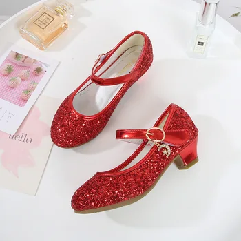 ULKNN Girls Purple High Heels For Kids Princess RED Shoe Leather buty dziecięce przyjęcie ślubne buty okrągłe toe 1-3 cm