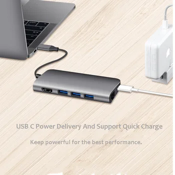 USB C Hub Adapter stacji dokującej stacja dokująca do laptopa 8 w 1 USB 3.0, HDMI, RJ45 Gigabit SD TF dla Macbook HP Huawei zgodny Thunderbolt 3