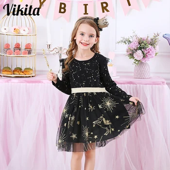 VIKITA Kids Party Girl Dress for Children Sequined Dresses Girls Star Dress Toddlers codzienne sukienki Dziecięce jesienne stroje