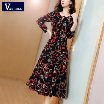 Vangull Women Dress Fashion 2019 new Summer Autumn High Zwężone Pockets Long Vintage Chic Slim Female Print odzież Damska