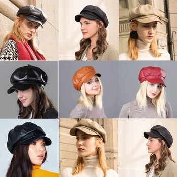 WELROG kobiety PU kolczaste bierze Cap dziewczyny retro jednolity kolor ośmioboczna czapka Jesień Zima artysta kapelusze stylowy sztuczna skóra bierze kapelusze