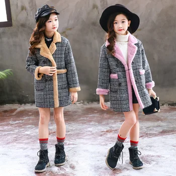 Wełniana kurtka dla dziewczynki jesień/zima 2020 koreańska wersja кроличьего futra szara w kratę kurtka dziecięca kurtka wełniana 2 kolory
