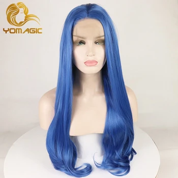 Yomagic Blue Color syntetyczne peruki dla kobiet, naturalne, proste koronki przodu peruka dostępne kolorowe peruki cosplay na imprezę