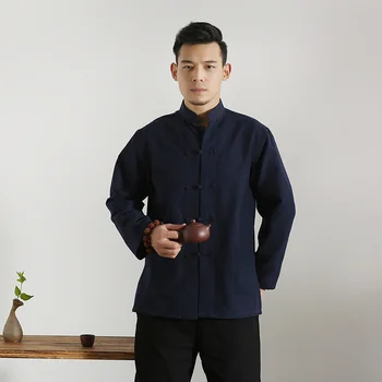 Z długim rękawem bawełna tradycyjna chińska odzież Tang garnitur top mężczyźni kung-fu tai-chi mundur koszula bluzka Ханфу czysty męski garnitur