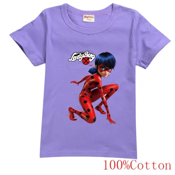 Z krótkim rękawem dziewczyna koszulka kreskówka Redbug dziewczyna koszule dzieci top moda dziewczyny odzież Chrząszcz czerwony kostium kot Noir odzież dziecięca