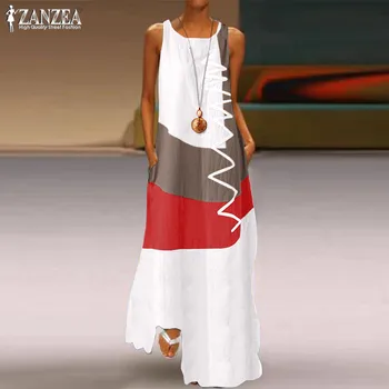 ZANZEA 2021 Vintage Maxi Dress Color Stitching damski letni sukienkę codzienny bez rękawów tank Vestidos O damski w serek Robe Femme