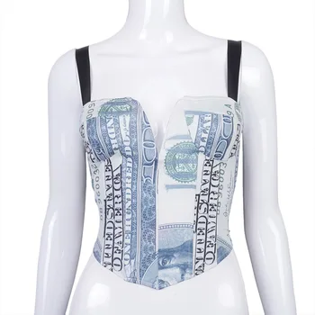 ZOOEFFBB US Dollar Money Print Sexy Corset Cami Crop Tops for Women Party Night Club Wear Backless Spaghetti Strap Y2k Tank Top