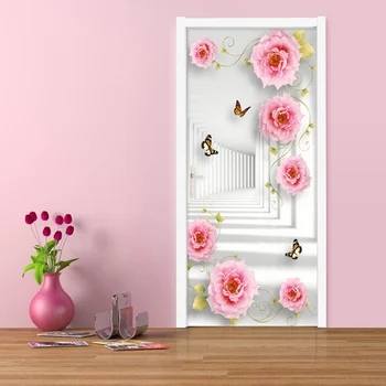 Zdjęcia tapety 3D stereo przestrzeń różowe kwiaty fresk drzwi naklejka Salon Sypialnia romantyczny wystrój domu PVC plakat samoprzylepny