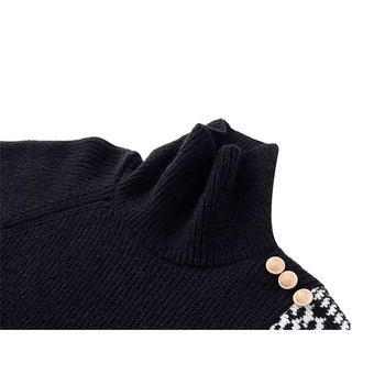 Zimowe Swetry Damskie Patchwork Pled Nieregularne Temat Długi Rękaw Projekt Bluzy Golf Sweter Sweter Damski Zagęścić Topy