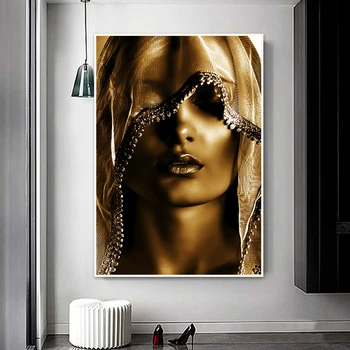 Złota kobieta pod turbanie obraz olejny Złoty płótnie plakaty i druki luksusowe ścienne artystyczne obrazy do salonu quadro decorativo