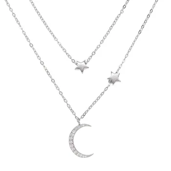 Świąteczny prezent Księżyc gwiazda naszyjnik podwójnej warstwy łańcucha warstwa 925 srebro piękny, klasyczny Księżyc gwiazda projekt biżuterii