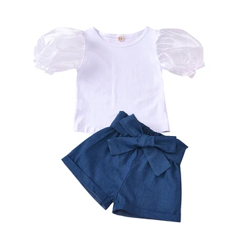 1-5Y dziecko dziecko dziecko dziewczyny odzież zestaw siatki puff rękawem t shirt topy cebula spodenki stroje letnie kostiumy dla dzieci