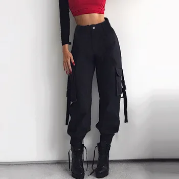 2018 Nowa Jesień Kieszenie Klamra Spodnie Stałe Czarne Spodnie Cargo Kobieta Punk Hip-Hop Mobile Панталон Capri Femme Temat Spodnie