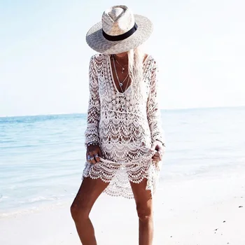 2018 Sexy Beach Cover up szydełka biały jednoczęściowy strój kąpielowy sukienka damska strój kąpielowy kwiat Cover ups Plażowa tunika Saida de Praia