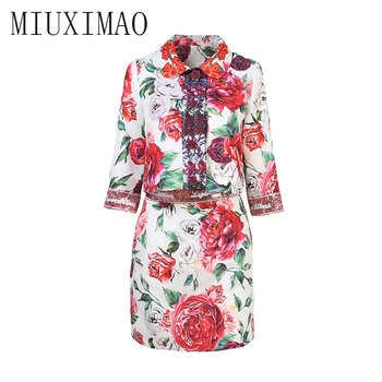 2018 jesień nowa dostawa Europa styl damskie zestawy O-neck pełna rękaw cekiny i kwiatowy print elegancki różowy garnitur print