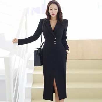 2020 New Women OL Work Blazer Dress pasek kołnierz z długim rękawem однобортное biznesowa sukienka Office Lady Sexy Split Midi Dress