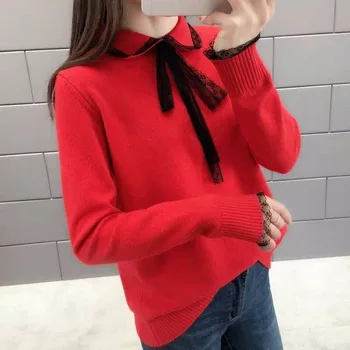 2020 Nowa moda casual jesień sweter damski z kołnierzem sweter jest bardzo wspaniały krawat temperament czysty czerwony leniwy wiatr