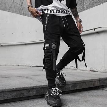 2020 Wiosna hip-hop джоггеры mężczyźni czarne spodnie multi-kieszonkowe taśmy Męskie sportowe spodnie meble odzież casual spodnie męskie M-3XL