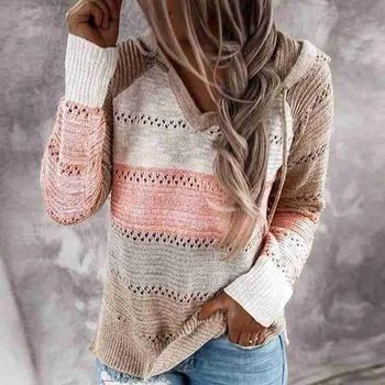 2020 nowy sweter z kapturem Jesień Zima V szyi patchwork sweter z kapturem rękaw casual top moda długi 1 szt. sweter z dzianiny W R3A6