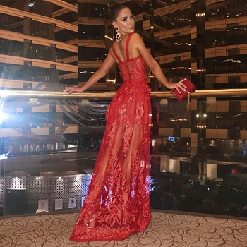 2020 ostatnia wysokiej jakości Damskie Czerwone бандажное sukienka koronkowa bez rękawów Bodycon cienki pasek na ramię damska moda Świąteczny strój