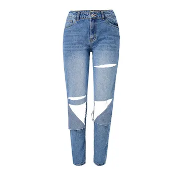 2020 wiosna i lato Wysoka Talia temat proste dżinsy damskie jeansowe spodnie z dziurami do kolan wypłukane uliczne podarte dżinsy dla kobiet
