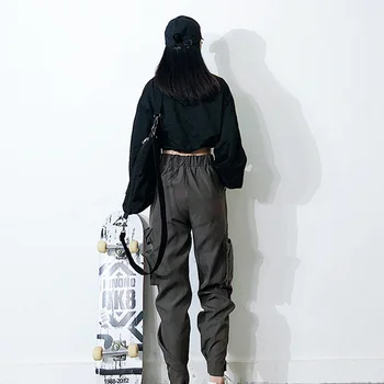 2020Spring kieszenie na zamek kobiety wysokiej talii Spodnie-cargo sportowy pas biegacze temat spodnie Harajuku BF spodnie-cargo elastyczne spodnie