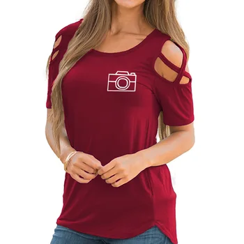 2021 Nowa Moda Kamera Druku Bluzki Koszula Kobiety Femme Z Krótkim Rękawem Z Ramienia Kobieta Koszulka Przycięte Kawaii Kyliejenner Rock