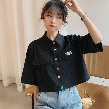 2021 damska koszula Harajuku z krótkim rękawem Polo kołnierz codzienne bawełna schludny top dziewczyny moda list Haft Blusas Femininas