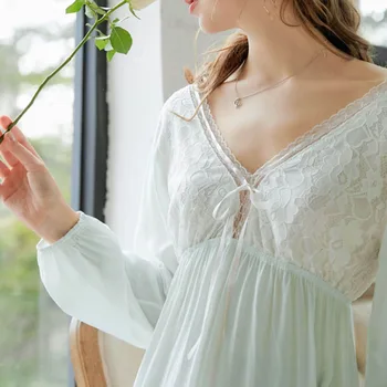 2021 wiosna nowy wzór z długim rękawem koszula nocna kobiety biała sukienka bawełna Pałac V szyi miękkie Sexy koszula nocna Księżniczka koronki odzież domowa