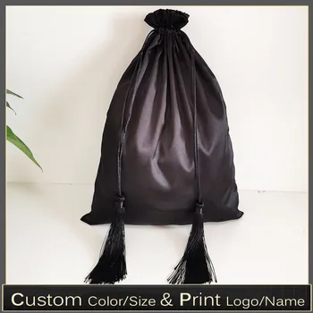 20P 30x40cm wykonany na zamówienie logo luksusowy jedwab satyna Sznurek torba z frędzlami przedłużanie włosów wiązki peruki, makijaż pakowanie torby