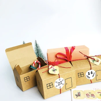 24sets Christmas Advent Calendar Kraft Box Ginger House Shape Desser Treat Gift Box Set Merry Xmas Decoration Counting Down Box