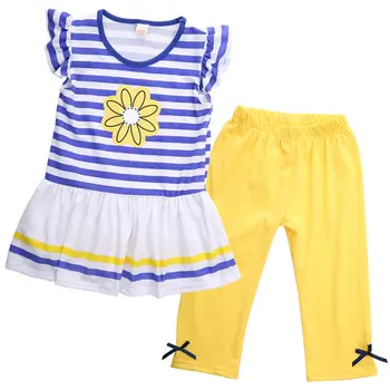 2szt Baby Girls Kids Flower Strip T-Shirt topy+spodenki spodnie stroje letnie ciuchy 1-8 lat