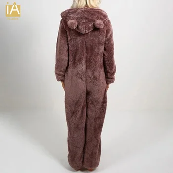 4XL Damskie kombinezony polarowa piżama niedźwiedź ucho z kapturem body długi zimowy ciepły dres meble ubrania jednoczęściowa piżama rozmiar plus