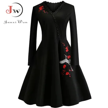 4XL plus-size kobiety haft rocznika sukienki koronki czarny elegancki Bodycon sukni partii z długim rękawem casual Jesień Zima Vestidos