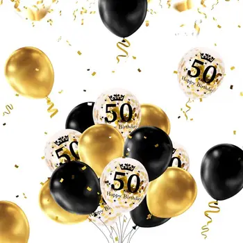 50th Black Gold Birthday Party Decoration, Happy Birthday Banner, hel pokój balon 50 XXL, 2 złote frędzle kurtyna, lateks Con