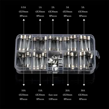 72PCS 0.5-30A Quick Blow Glass Tube Fuse różne zestawy 5x20mm Fast-blow Glass Fuses Sets With Fuze Seat with Plastic Box