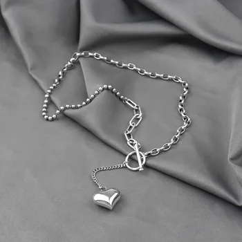 925 srebro wisiorek serce asymetria naszyjniki nieregularne grube szerokie koraliki ogniwo łańcucha naszyjnik biżuteria dla kobiet prezenty partii