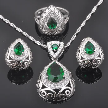 AAA jakość zielona cyrkonia kolor srebrny biżuteria zestawy damski garnitur kolczyki/naszyjnik/bransoletka/pierścień najlepszy prezent QS213