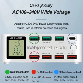 AIXXCO 8 Port USB Smart Charger 100W Quick Charge 3.0 PD 3.0 Fast Charge LCD Multi USB Charger Station Samsung Huawei iPhone