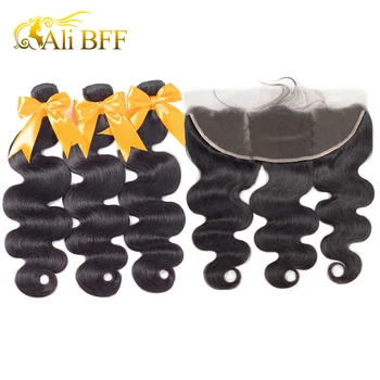 ALI BFF Human Hair Body Wave Bundles With Frontal 3 wiązki brazylijski włosy Bundles With Frontal 13x4 PrePlucked Remy Hair