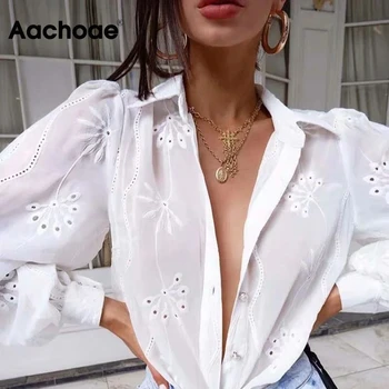 Aachoae Damska Elegancki Kwiatowy Haft, Bawełniana Bluzka Koszula 2020 Elegancka Koszula Z Długim Rękawem Z Długim Rękawem Casual Bluzka Bluzki