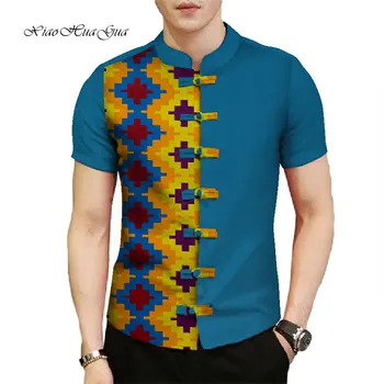Afrykańska odzież przyczynowo-skutkowego partia mężczyźni krótki rękaw stoisko szyi topy koszulki дашики mężczyźni top koszula Bazin Rich druku WYN773