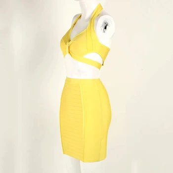 Ailigou 2020 nowy letni Lady Bodycon bandaż strój sukienka Vestidos żółte puste oparcie z dwóch części V-Top Star Party Set