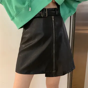 Alien Kitty elegancki Chic 2019 PU skórzany pas spódnica nieregularne czarny wysokiej jakości kobiety wysokiej talii plus mini spódniczki