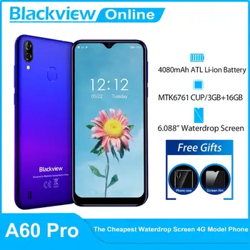 Blackview A60 Pro Smartphone MTK6761 Quad Core 6.088' Waterdrop Screen 3GB RAM, 16GB ROM Android 9.0 Face ID 4G telefon komórkowy