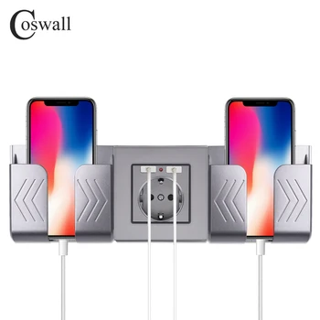 COSWALL Dual USB Charging Port 16A Wall EU Poland Power Socket Outlet szklany panel PC Panel jest matowy szary kolor