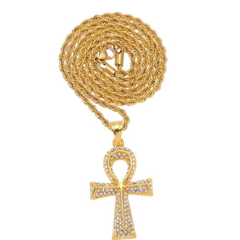 CY&CM egipski ANKH krzyż wisiorek naszyjnik łańcuch mężczyźni Bling kolor złoty Urok pełna lodu rhinestone klucz Nilu biżuteria