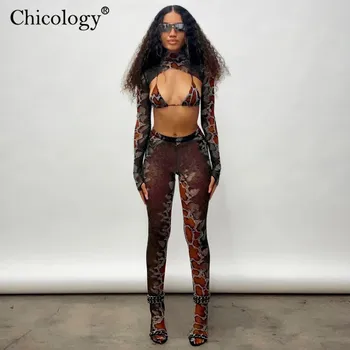 Chicology hodowli węży print 3 szt odpowiedni zestaw kobiet z długim rękawem crop top spodnie 2019 jesień zima ulica klubowa